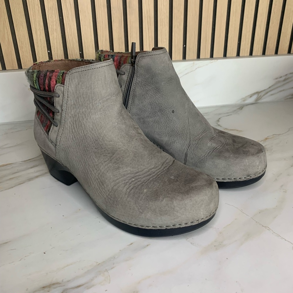 Dansko Gray Ankle Boots with Patterned Trim